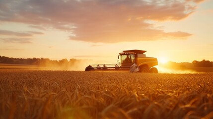 Fototapeta premium Harvesting at Sunset: A Tractor Works the Field Under Warm Skies