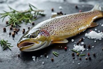 Obraz premium Freshly caught trout garnished with herbs and spices for exquisite culinary creation