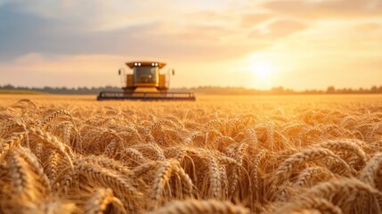Fototapeta premium Harvester in Wheat Field at Sunset - Golden Crops Under Warm Sky
