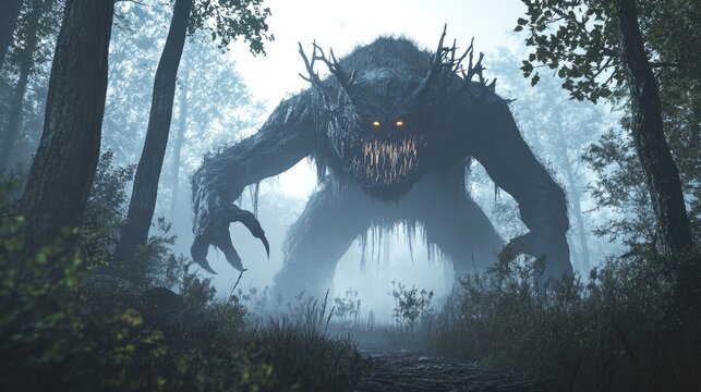 Eerie Creature: Frightening Monster Emerging from a Foggy Night Forest Landscape