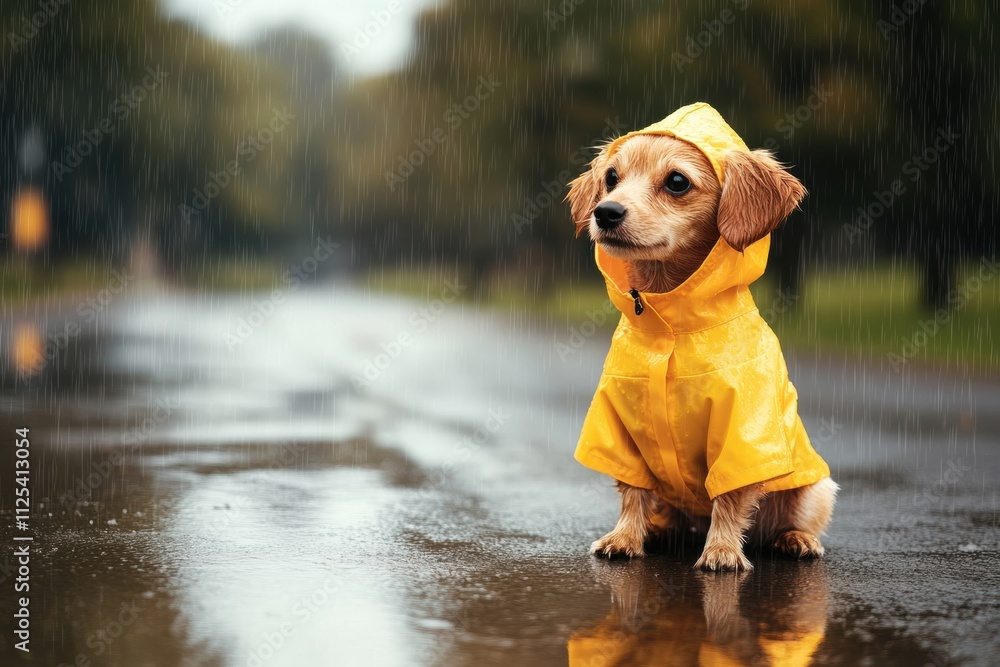 Poster a small dog dressed in a bright yellow raincoat sits on the wet pavement during light rain, surround