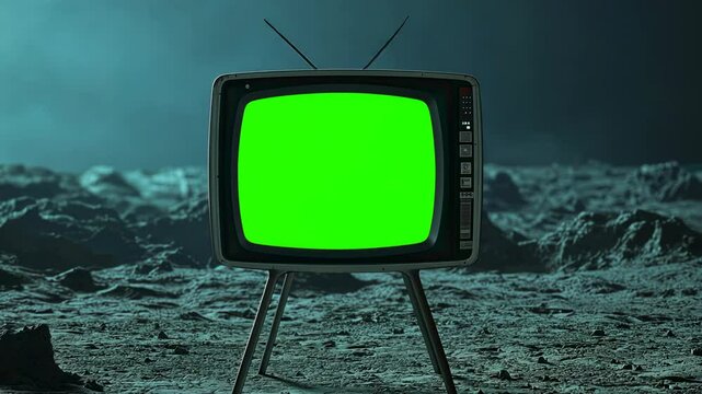 Vintage television displaying green screen on moon surface
