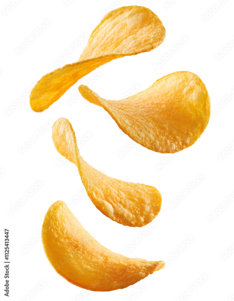 Aufkleber dynamic and appetizing image of five potato chips falling against a transparent background
