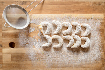 Top high-angle view of German-Austrian homemade Vanille Kipferl cookies