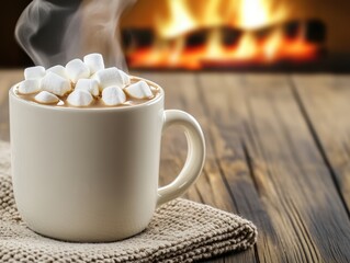 Cozy mug of hot chocolate topped with marshmallows on a wooden table near a warm fireplace, AI