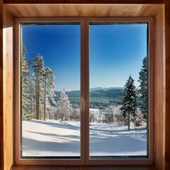 Snowy landscape framed by large windows overlooking a serene winter scene with distant mountains and evergreen trees