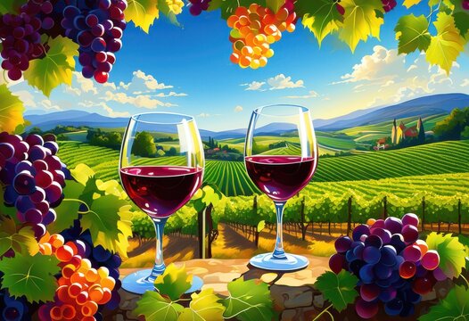 vibrant vineyard landscape swirling wine glasses reflecting bright colors grapes lush greenery under clear sky, bottle, drink, garden, purple, sunset, pour
