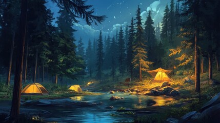 Night camping scene by a tranquil river in a pine forest.
