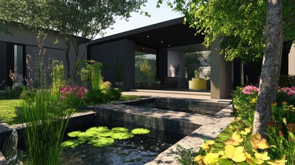 Obraz premium Chic Contemporary Garden: A Stylish Scandinavian Oasis with Water Feature and Flourishing Flora