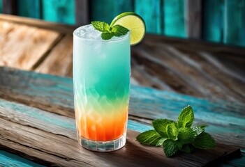 Fototapeta premium chilled frosted beverage front textured weathered wood background highlighting refreshing colors gradients, refreshment, drink, ice, liquid, table, surface
