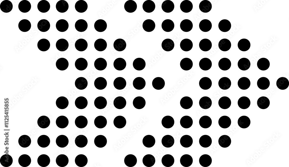 Poster black dots of increasing size forming arrows pointing in different directions on a white background 
