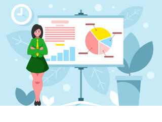 Woman presenting a project. Businesswoman stands with arms crossed on chest. Standing confident woman in a suit and tie. Background with Presentation flipchart board. Charts and graphs for business