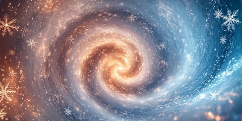 A swirling abstract background featuring a gradient of blue and orange hues with sparkling lights and snowflakes, creating a gentle, ethereal effect