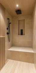Elegant Walk-In Shower in a Luxurious Modern Bathroom Featuring Marble Walls and Sleek Black Fixtures