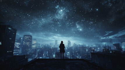 Person gazing at starry sky over city skyline  