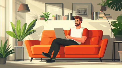 Man using laptop on orange sofa in bright living room  