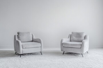 Stylish Grey Armchairs on Soft White Carpet in Minimalist Empty Room