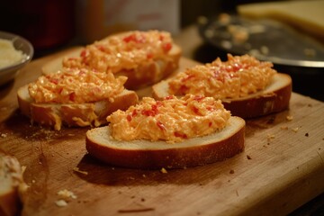 Delicious Homemade Pimento Cheese Sandwich with Fresh Bell Peppers and Grated Cheddar on Artisan Bread