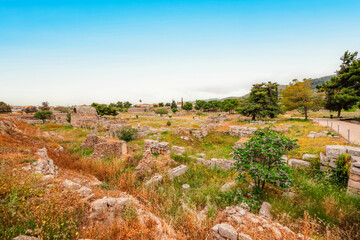 archaeological site of Ancient Corinth built in the slopes of Acrocorinth, Peloponnese, Greece