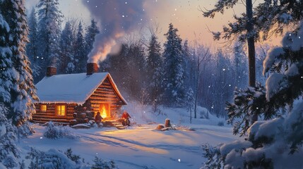 Cozy log cabin in snowy forest at sunset.