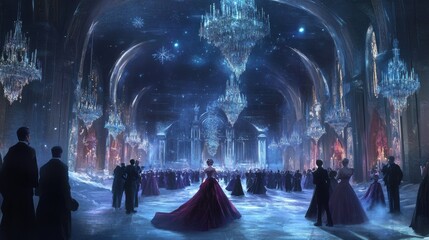 Woman in red gown at a grand, celestial ball.