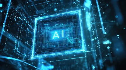 AI letters in cyberspace. Virtual reality, programming and information technology of the future. Artificial intelligence, digital code data and cybersecurity