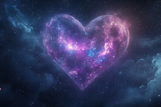 A glowing heart, made of stars and galaxies, represents the vastness and depth of love in space.