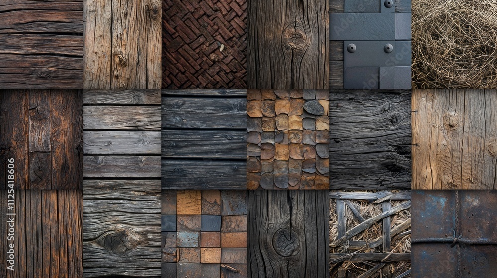 Poster this artistic composition showcases an array of rustic textures, featuring dark wood grains, metal a