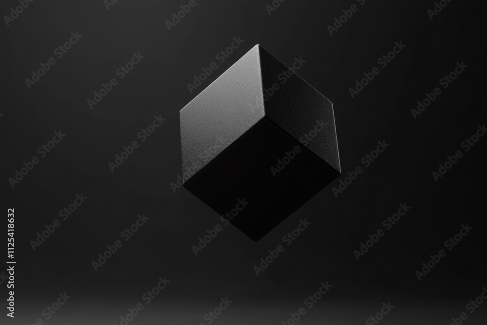 Poster three-dimensional black box floating in an abstract dark environment
