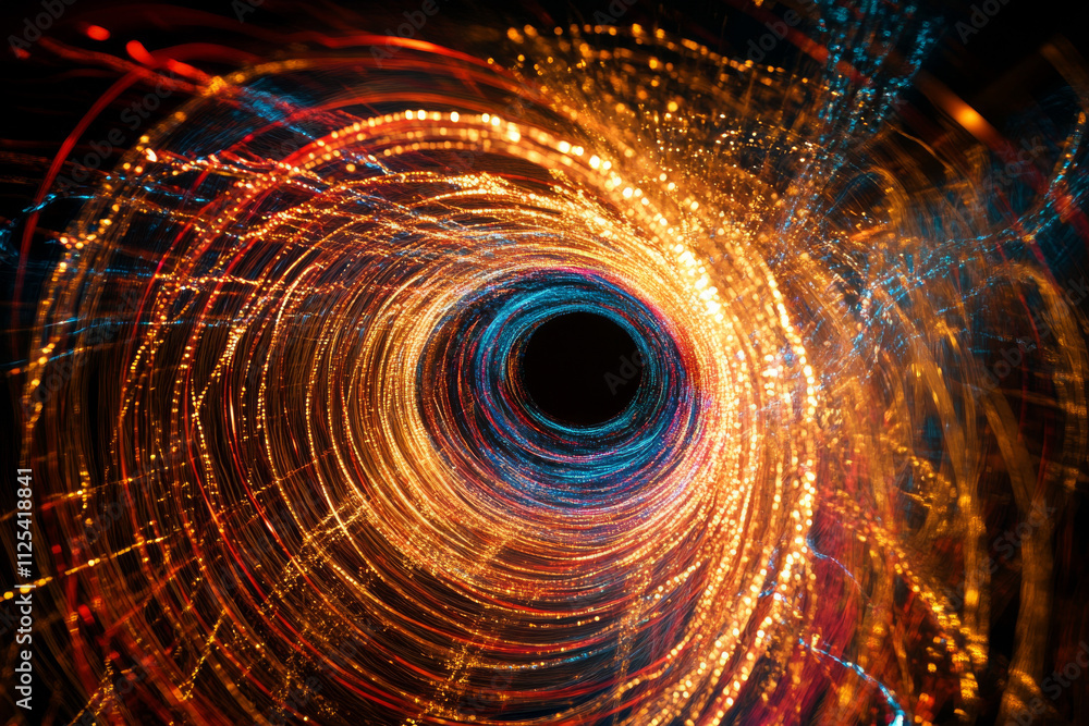 Poster a dark black background with a 3d tunnel made of glowing neon lights, spiraling inwards and creating
