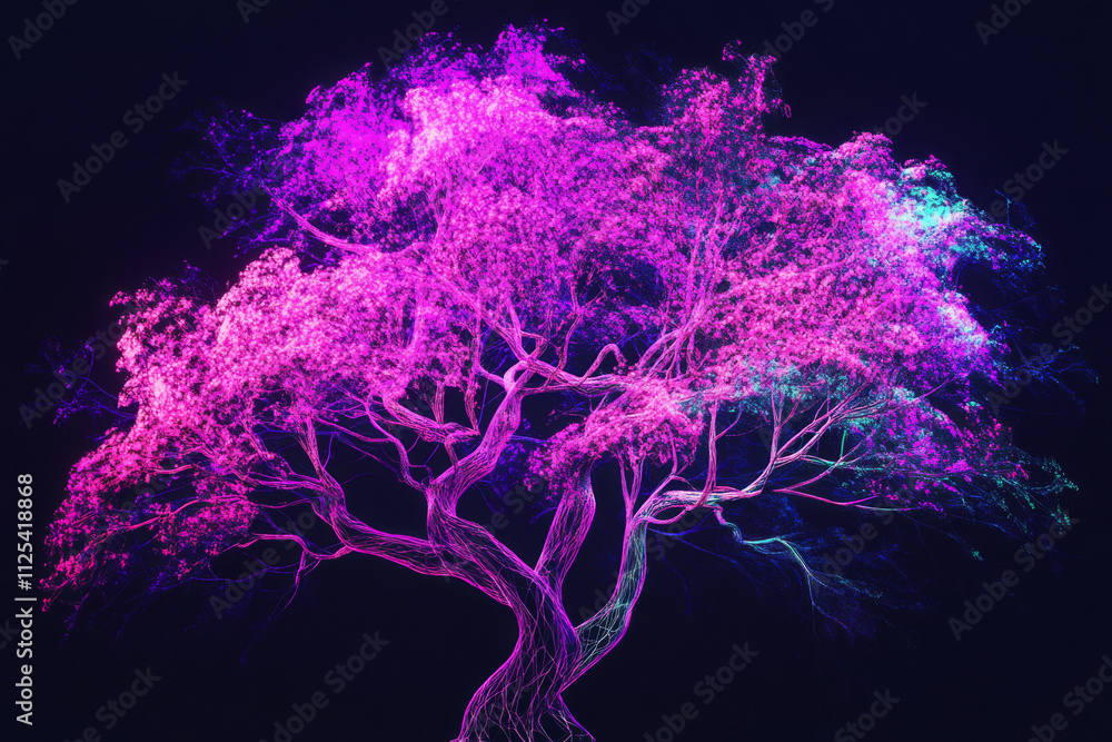 Poster a glowing 3d digital tree with neon branches spreading out in all directions, set against a deep bla