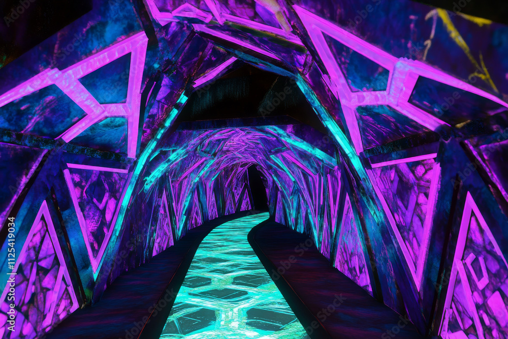 Poster a surreal neon-lit tunnel with interlocking triangular patterns glowing in violet and turquoise, cre