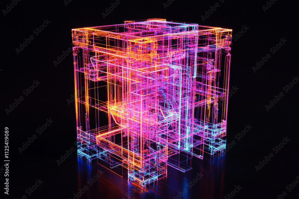Poster a digital 3d wireframe structure, glowing softly in neon colors, with the intricate details standing