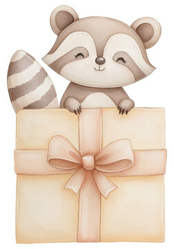 Cute raccoon with a gift watercolor illustration