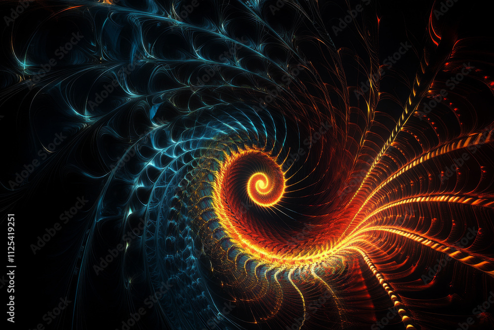 Poster a dark black background with a 3d tunnel made of glowing neon lights, spiraling inwards and creating