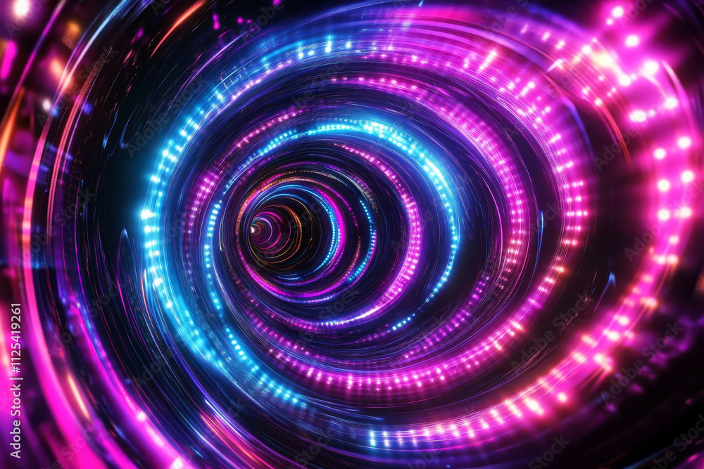Poster a digital 3d vortex made of swirling neon lights, rotating slowly in space against a dark black back