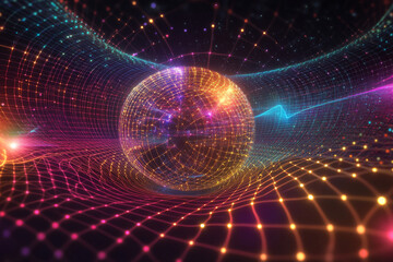 A 3D holographic design of interconnected spheres and cylinders, floating gently in space with vibrant neon lights, set against a deep black background.