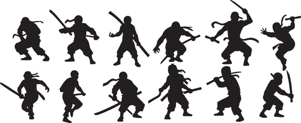 Ninja warrior Collection of silhouette vectors on a white background
