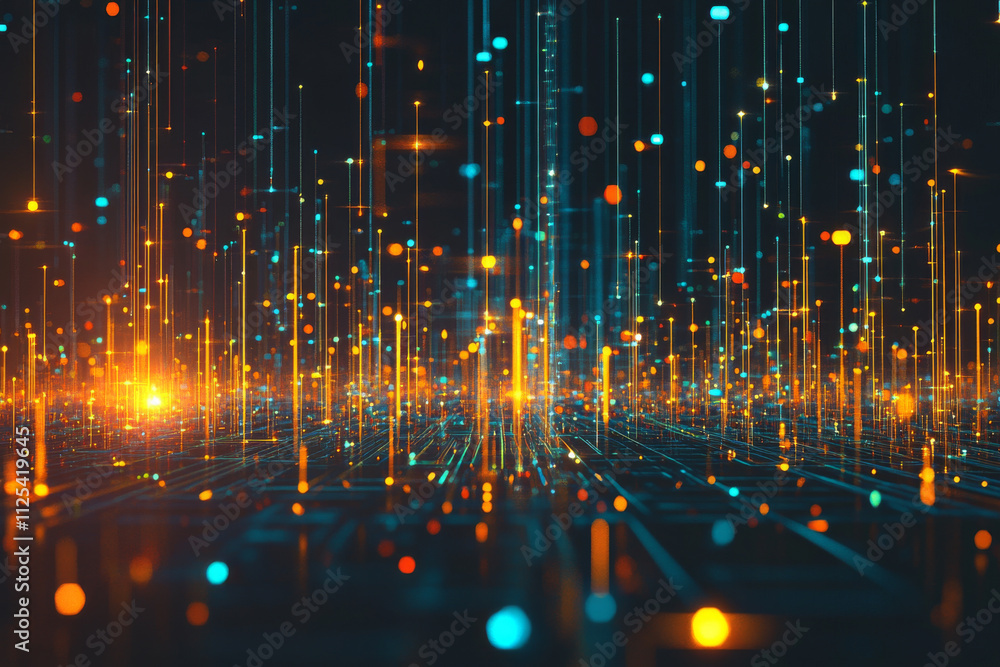 Poster a dynamic 3d design of floating illuminated lines and shapes, glowing in bright colors against a dar