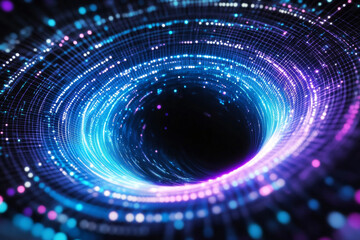 Obraz premium A 3D wallpaper featuring an abstract digital vortex, with neon blue and purple glowing edges, spinning in a black void, creating a mesmerizing look.