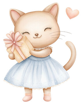 A kitty in a dress with a gift