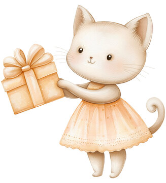 A kitty in a dress with a gift