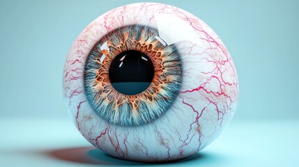 Close-up of a realistic 3D rendered human eyeball, showcasing intricate details of the iris, pupil, and blood vessels.