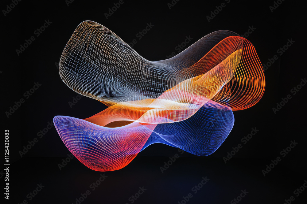 Poster a dynamic 3d design of floating illuminated lines and shapes, glowing in bright colors against a dar