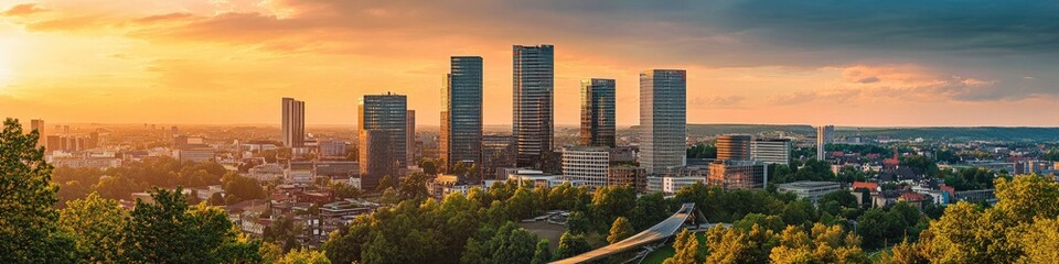 Essen Skyline at Sunset: A Majestic View of German Architecture and Business amidst a Blue Sky Landscape