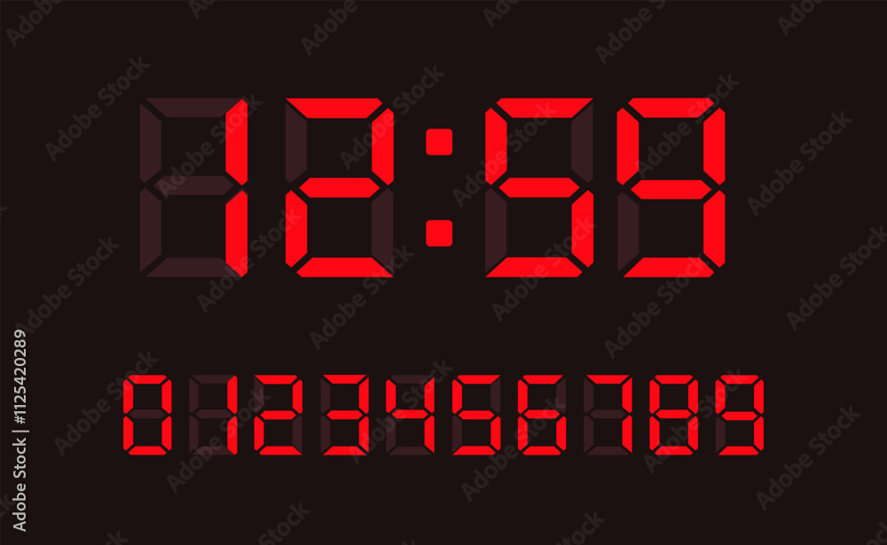 Poster red digital led numbers. electronic or digital clock counter with led figures. vector eps 10