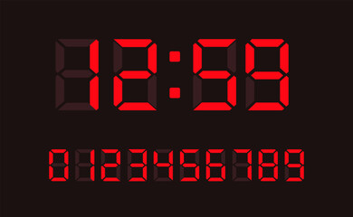 Red digital led numbers. Electronic or digital clock counter with led figures. Vector EPS 10