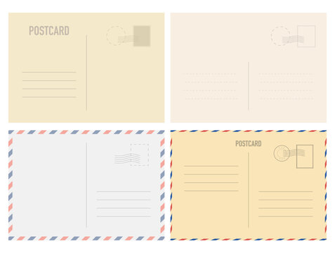 Realistic postcard template set with place for stamp. Cardboard postcard in retro vintage style. Vector EPS 10