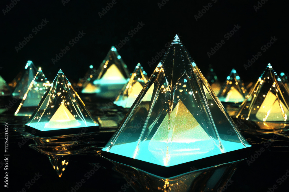 Poster a 3d digital landscape with glowing triangular prisms, floating against a pitch-black backdrop, crea