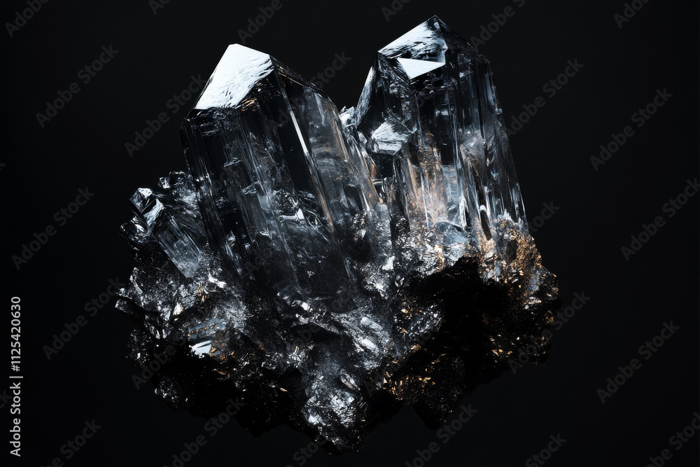 Poster a dark black background with a 3d representation of a crystalline structure, glowing with internal l